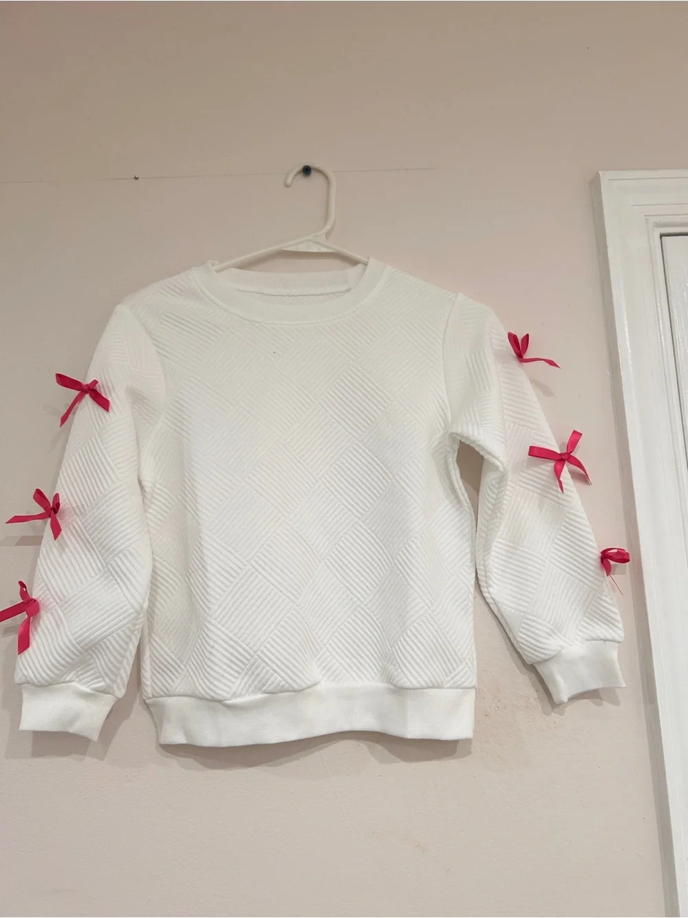White Sweater with Pink Ribbon Accents - Women